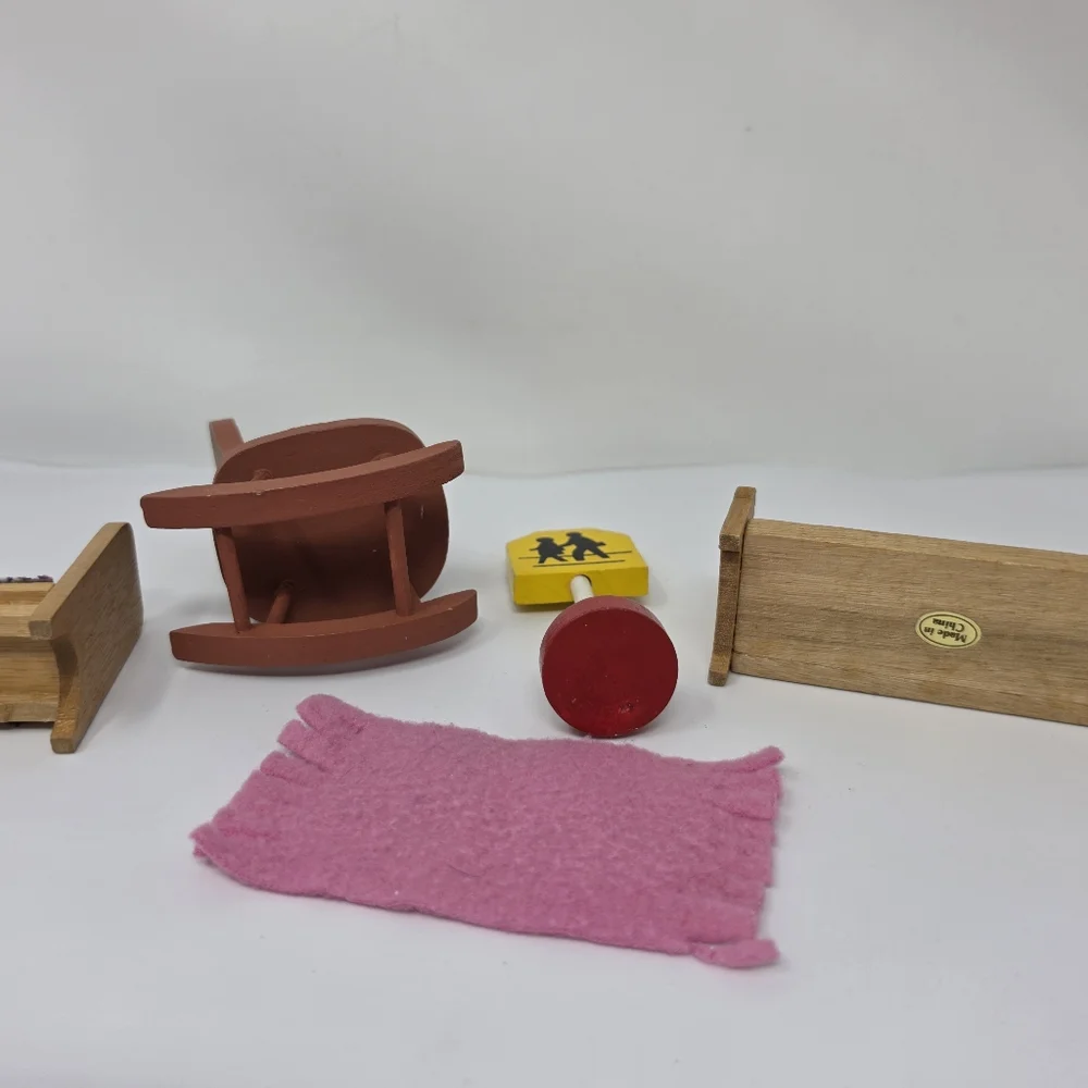 Wooden Doll Furniture with Pink Prrend Play Blanket